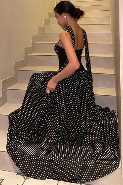 Strapless Cutout Back Ribbon Dot Print Cami Maxi Dress