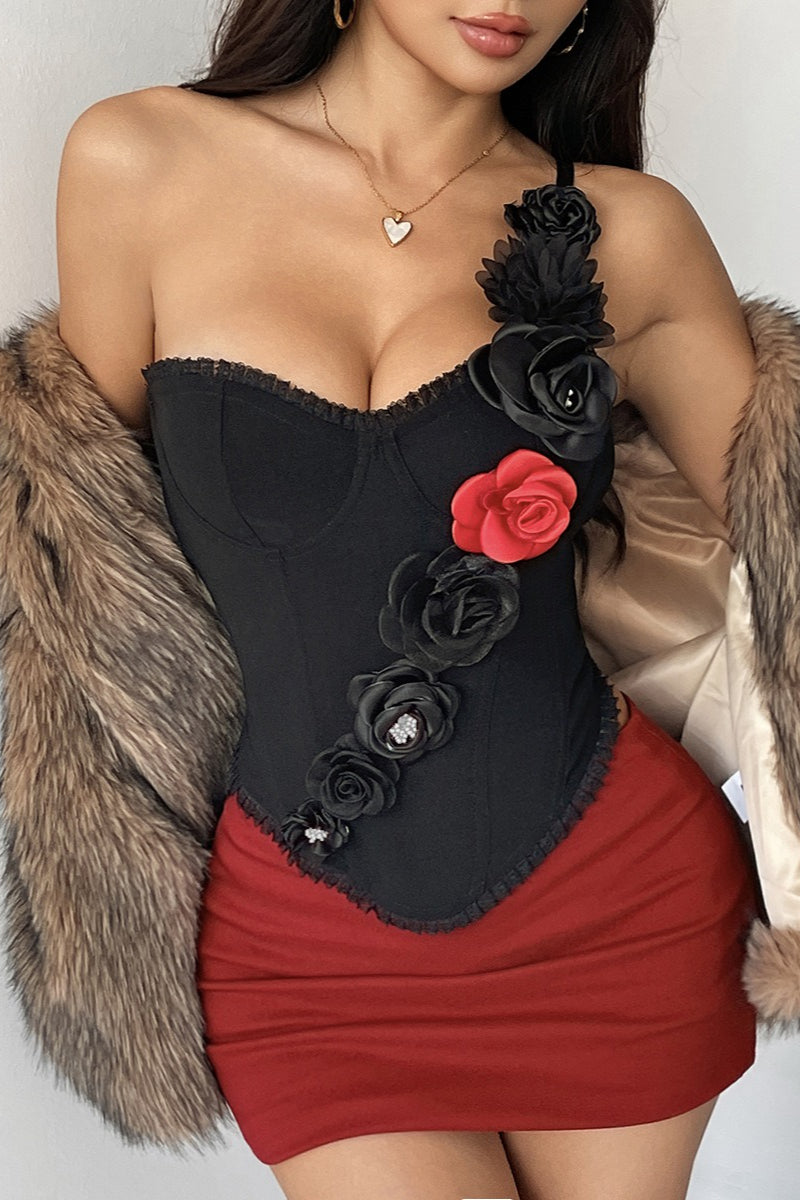 Strapless Red Lace Floral Boned Cami Top