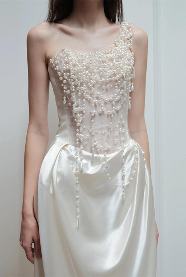 Strapless Satin Heavy Pearl Prom Dress