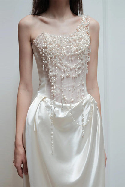 Strapless Satin Heavy Pearl Prom Dress