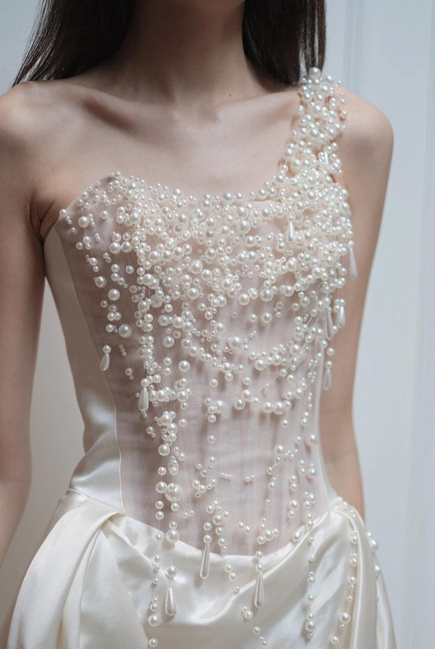 Strapless Satin Heavy Pearl Prom Dress