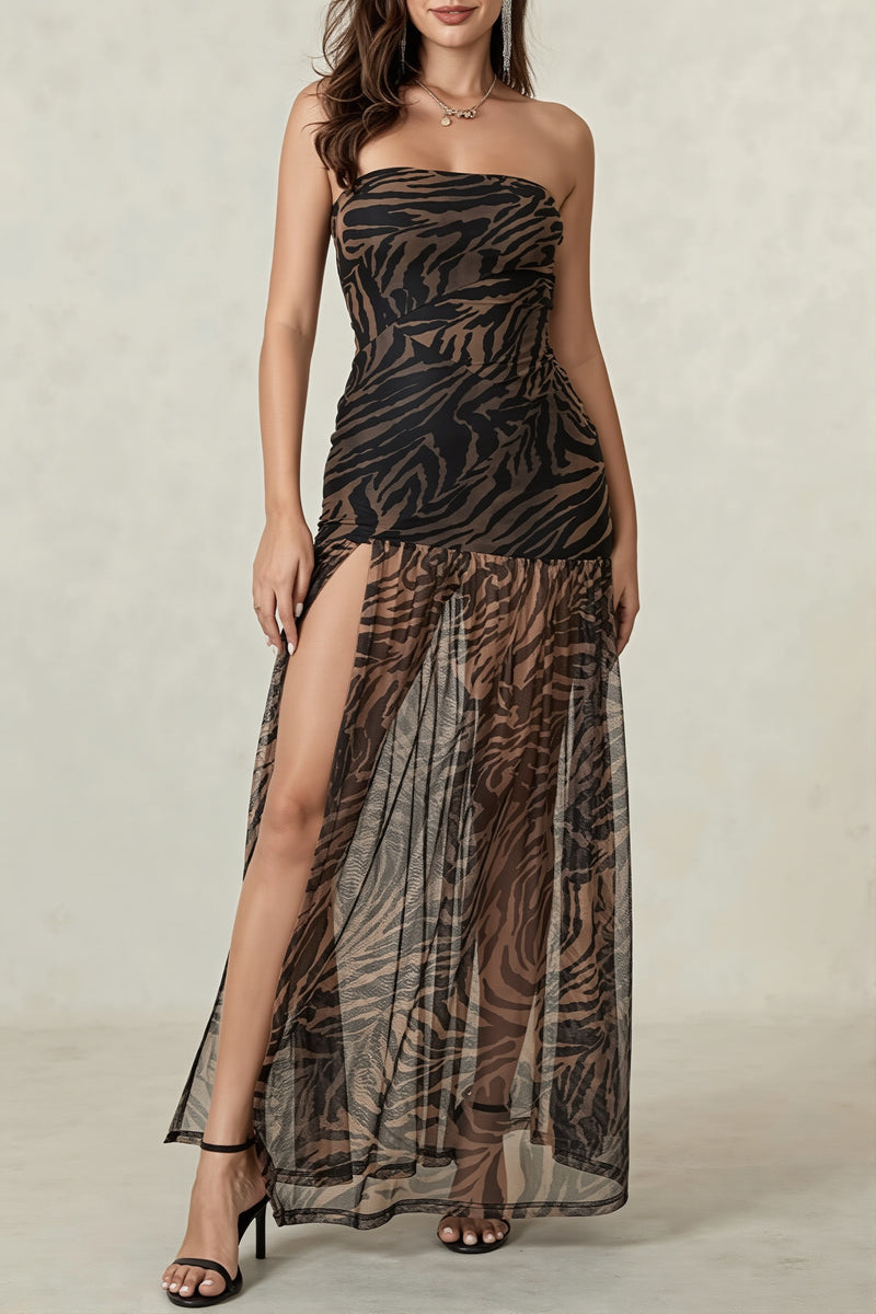 Strapless Zebra Sheer Slit Maxi Dress