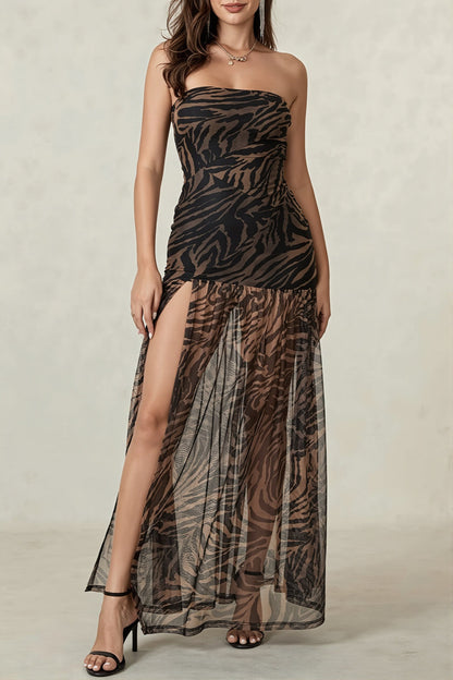 Strapless Zebra Sheer Slit Maxi Dress