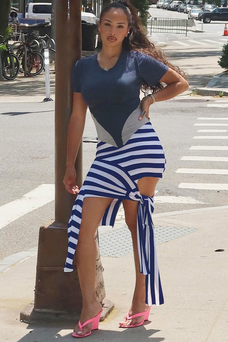 Stripe Contrast Tie Irregular Mini Dress