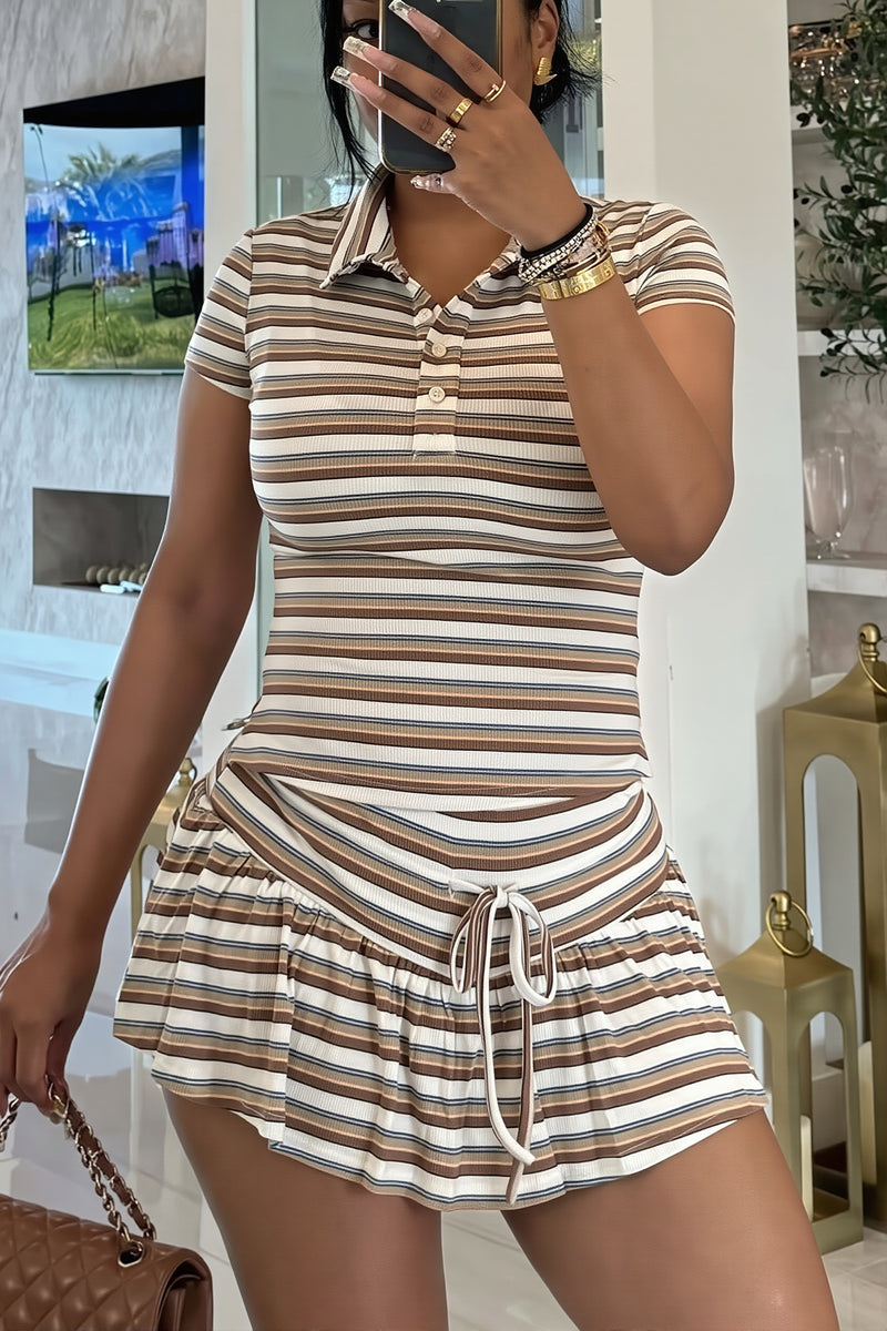 Stripe Polo Tie Waist Skirt Set