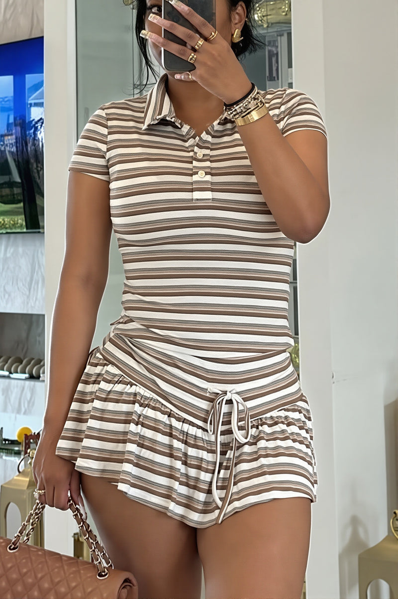 Stripe Polo Tie Waist Skirt Set