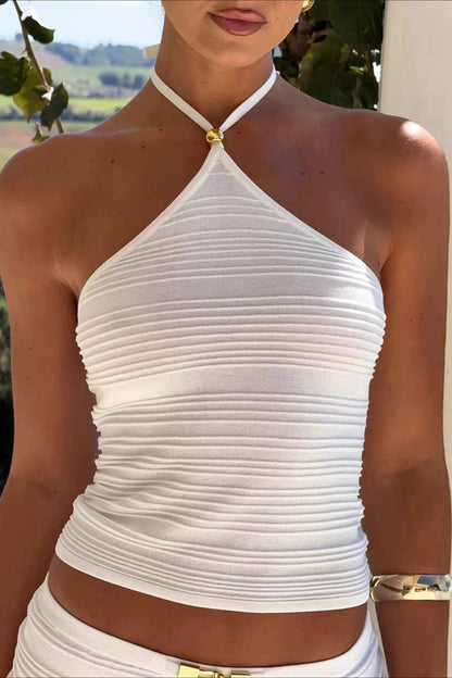 Striped Beaded Halter Tank Top