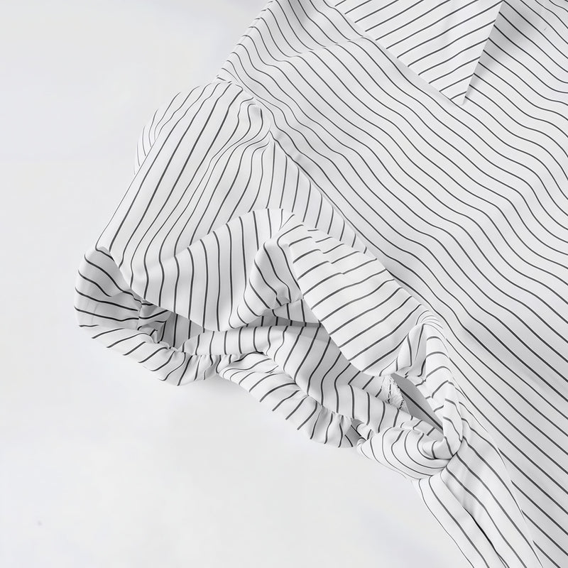 Striped Button Down Shirt Tie Waist Lapel Blouse