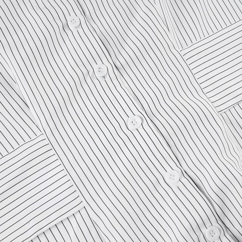 Striped Button Down Shirt Tie Waist Lapel Blouse