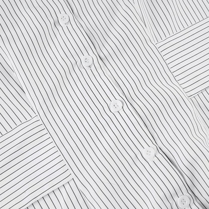 Striped Button Down Shirt Tie Waist Lapel Blouse
