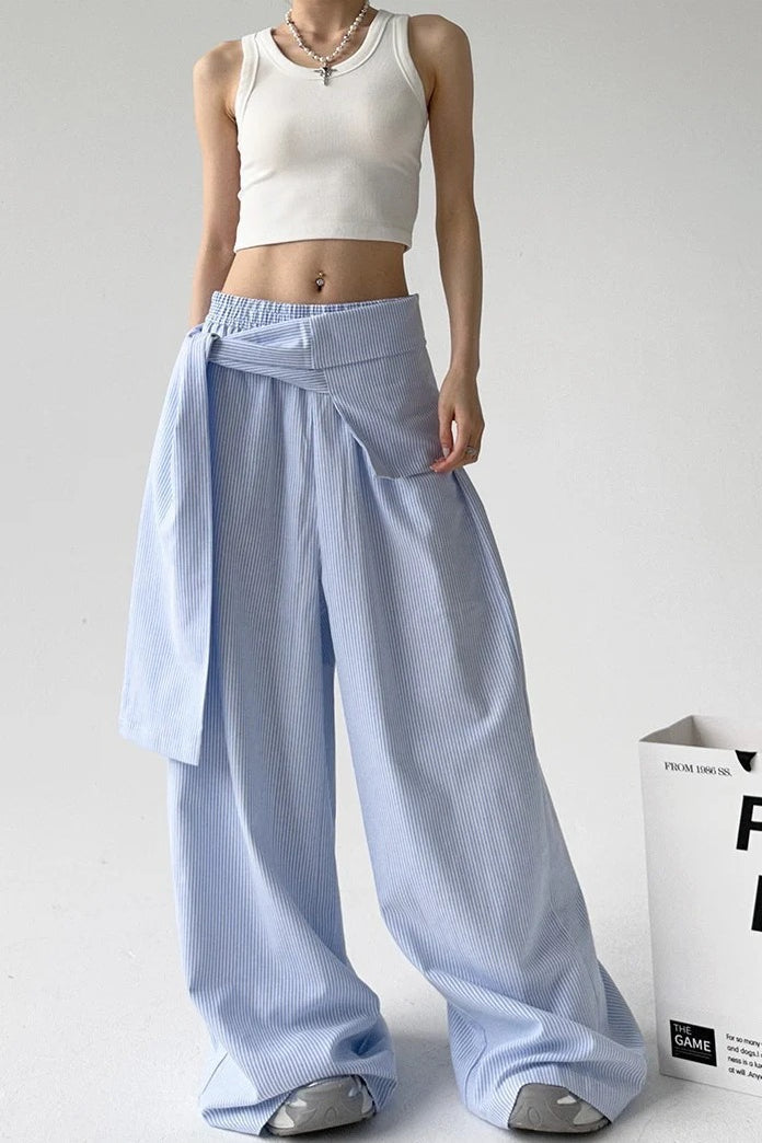 Striped Casual Tie Waist Wide Leg Pants