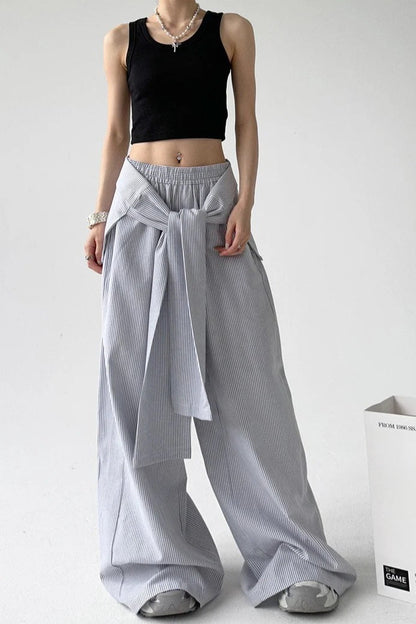 Striped Casual Tie Waist Wide Leg Pants