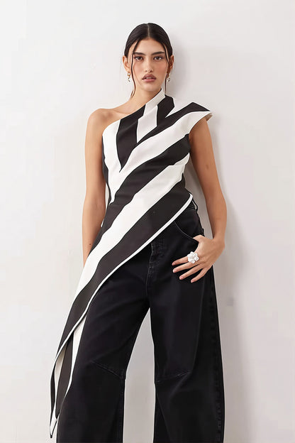 Striped Chiffon One Shoulder Tie Blouse