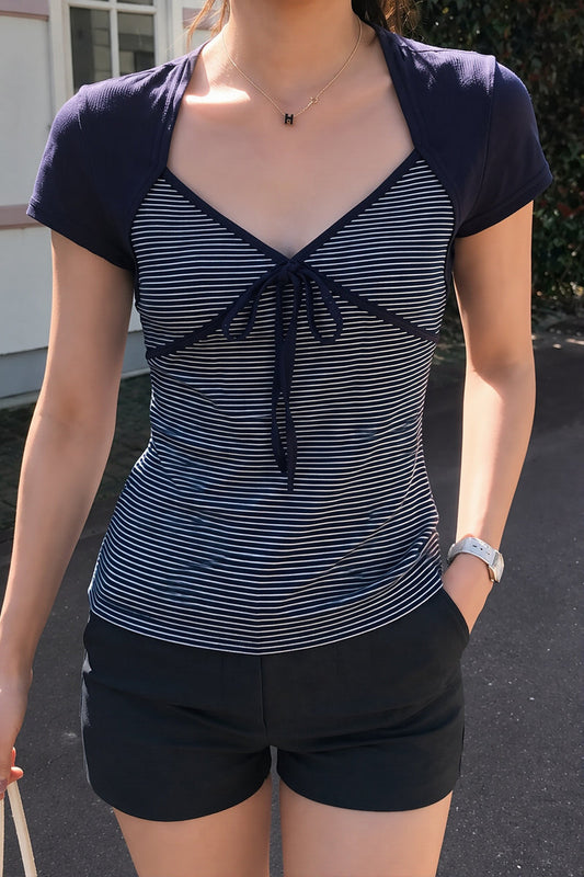 Striped Color Block Tie Fake Two Blouse
