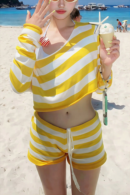 Striped Cover Up Four Piece Bikini Set