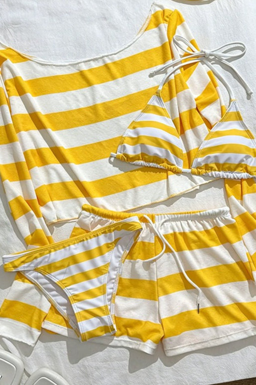 Striped Cover Up Four Piece Bikini Set