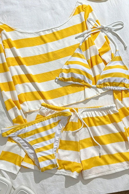 Striped Cover Up Four Piece Bikini Set