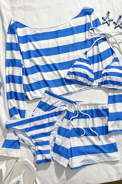 Striped Cover Up Four Piece Bikini Set