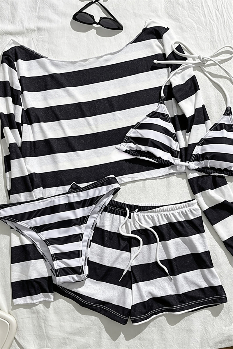 Striped Cover Up Four Piece Bikini Set