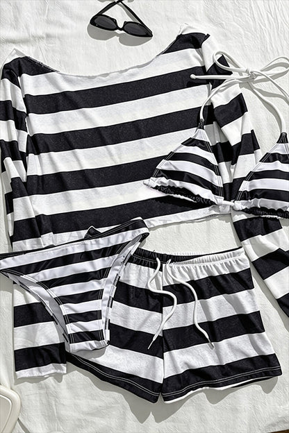Striped Cover Up Four Piece Bikini Set