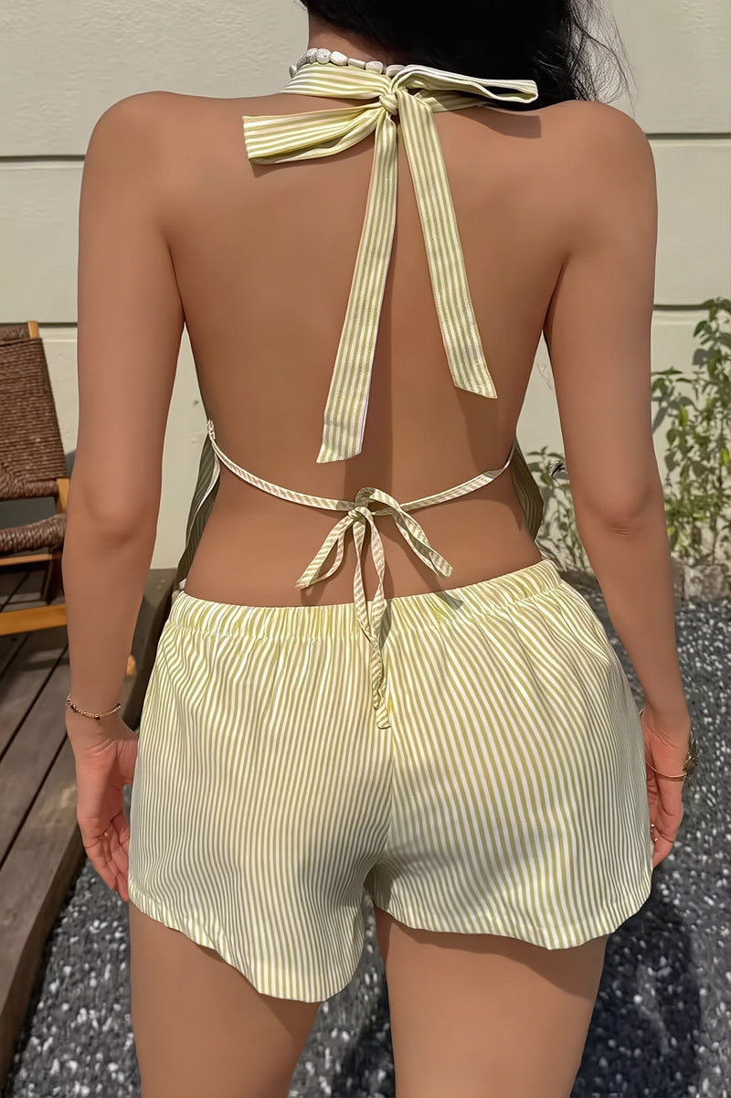 Striped Deep V Back Tie Two Piece Set