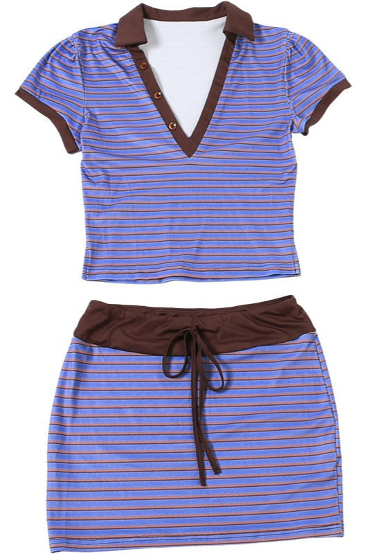 Striped Deep V Short Sleeve Bodycon Skirt Sets