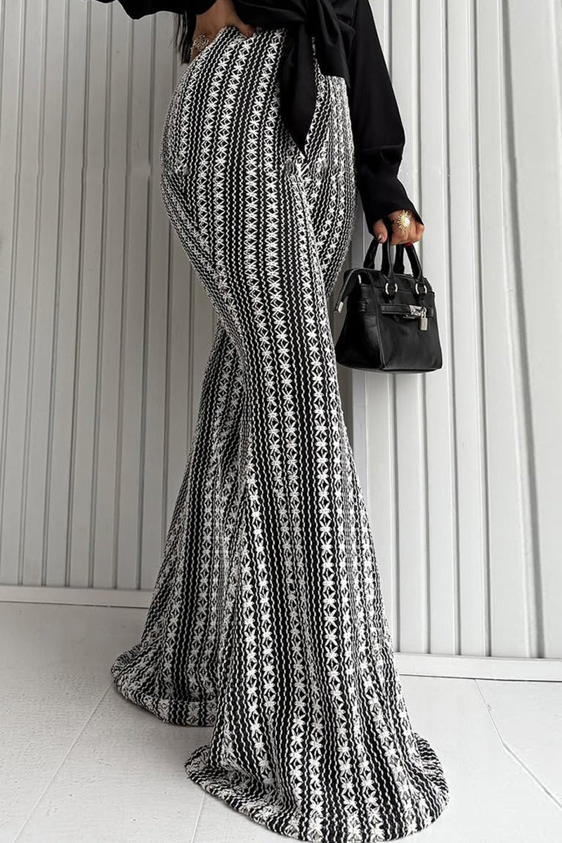 Striped Knit Elastic Flare Pants