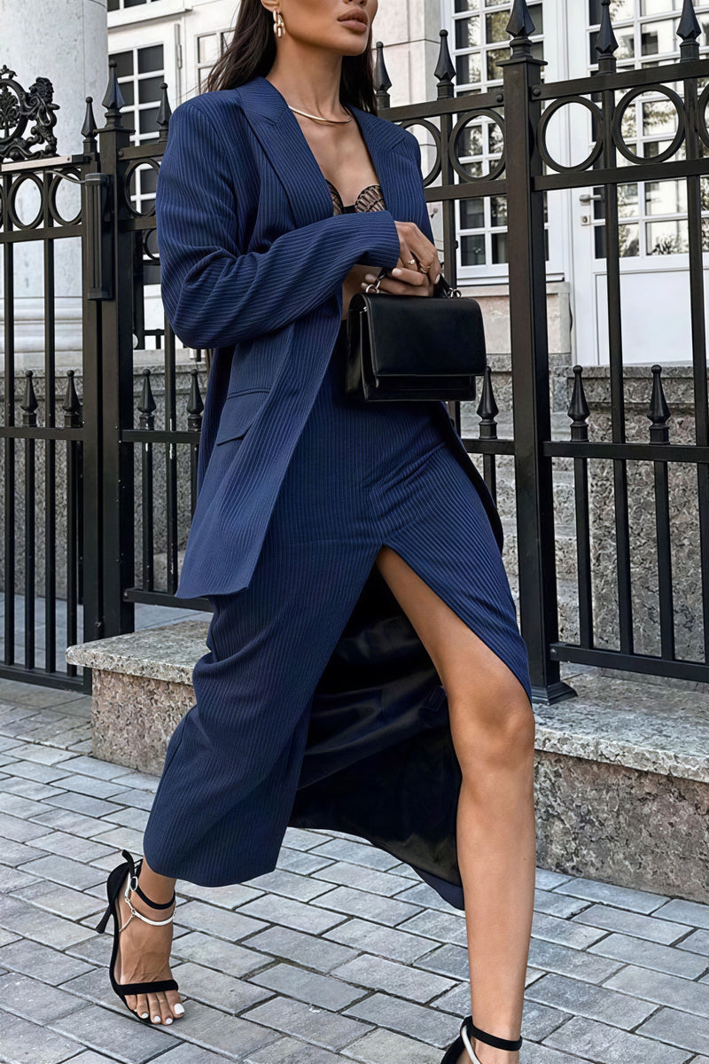 Striped Lapel Long Sleeve Blazer Slit Skirt Set
