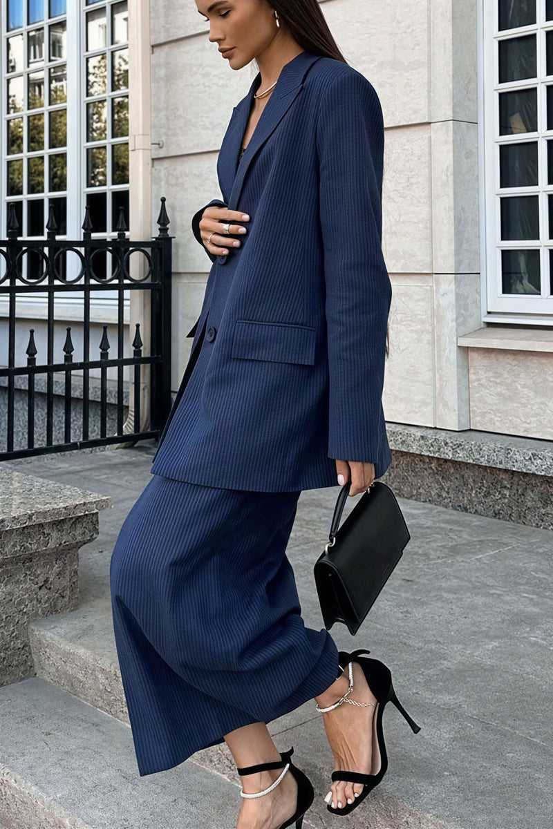 Striped Lapel Long Sleeve Blazer Slit Skirt Set