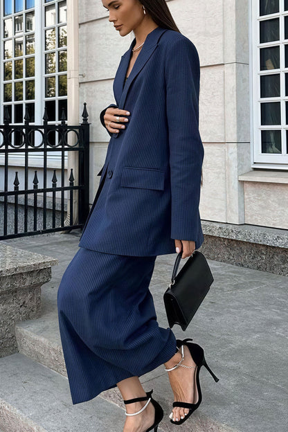Striped Lapel Long Sleeve Blazer Slit Skirt Set
