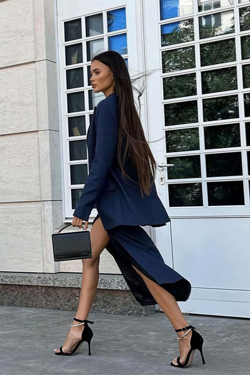 Striped Lapel Long Sleeve Blazer Slit Skirt Set