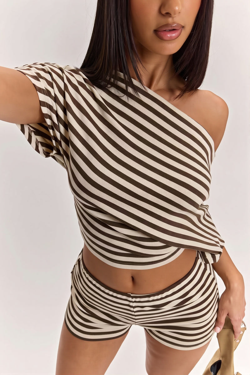 Striped Off Shoulder High Waist Two Piece Set