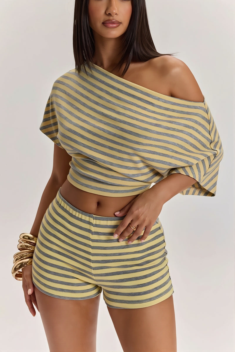 Striped Off Shoulder High Waist Two Piece Set