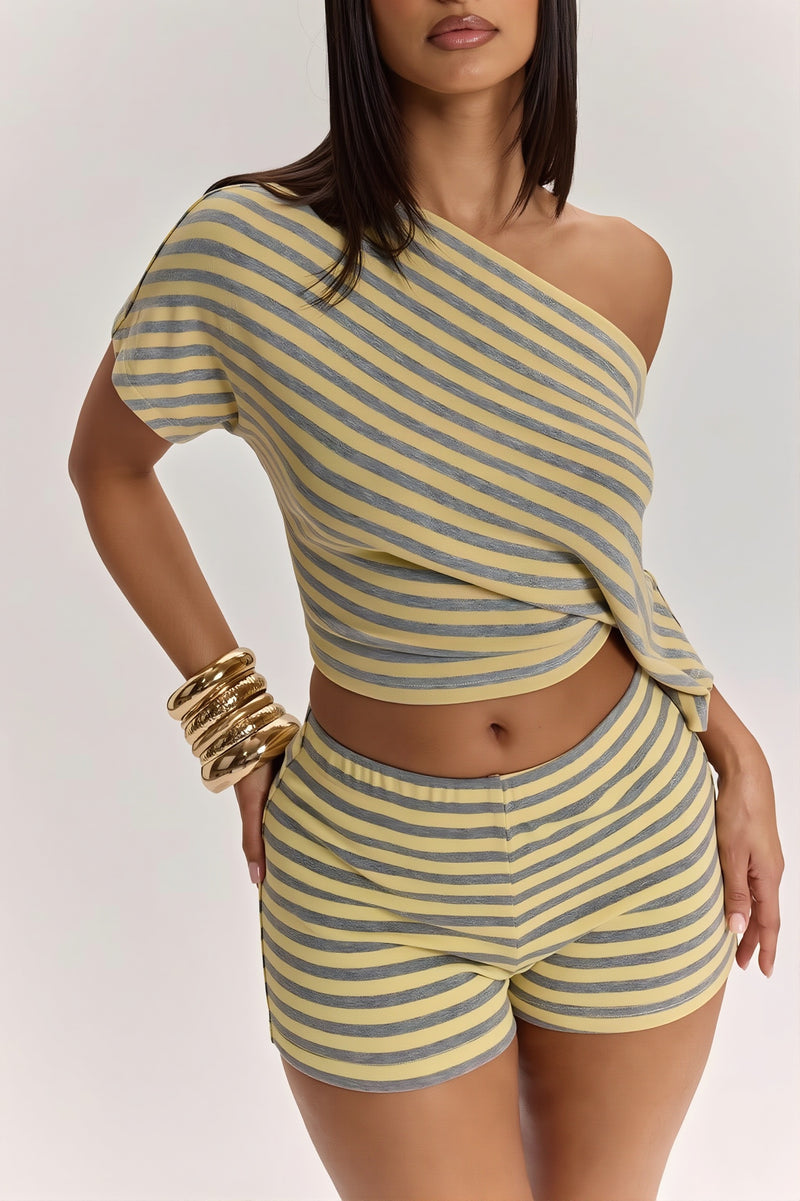 Striped Off Shoulder High Waist Two Piece Set