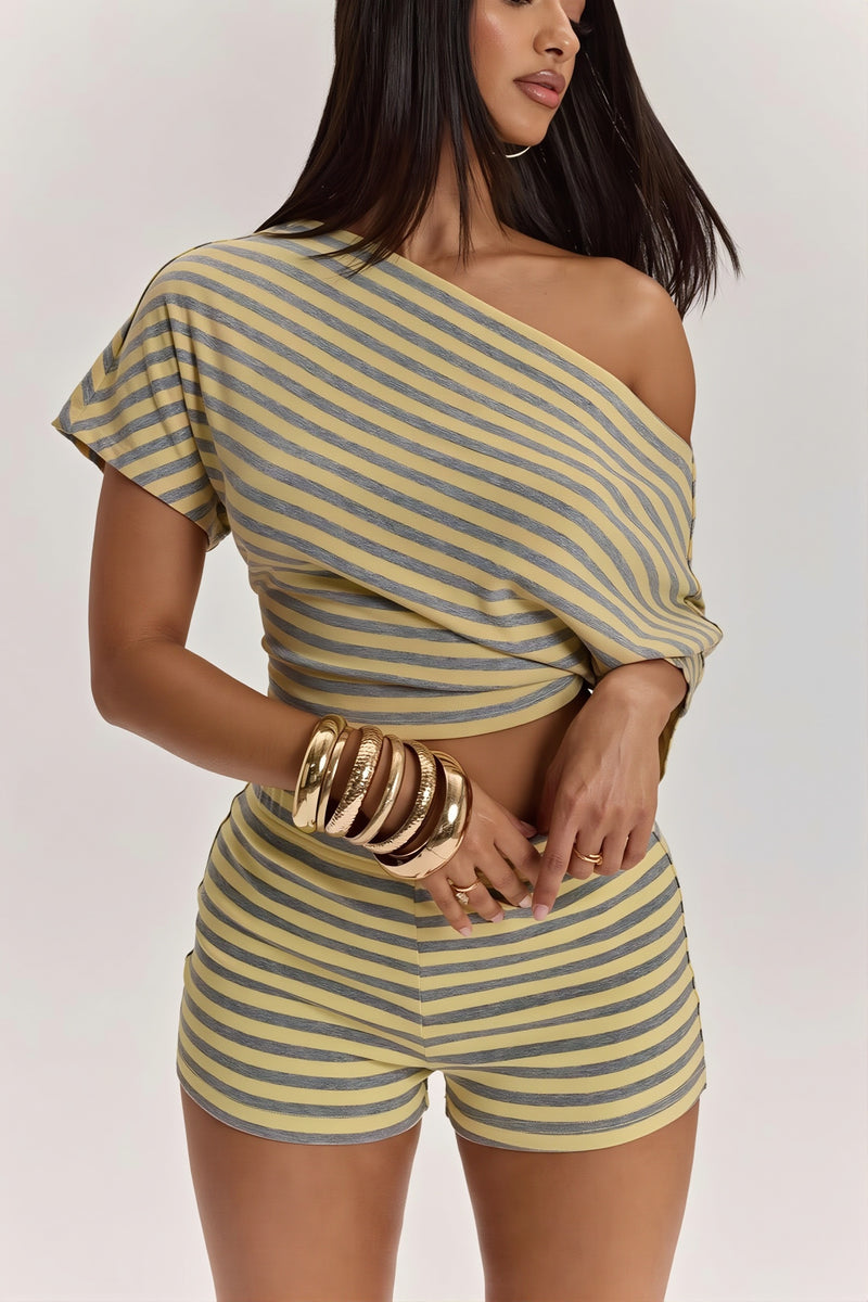 Striped Off Shoulder High Waist Two Piece Set
