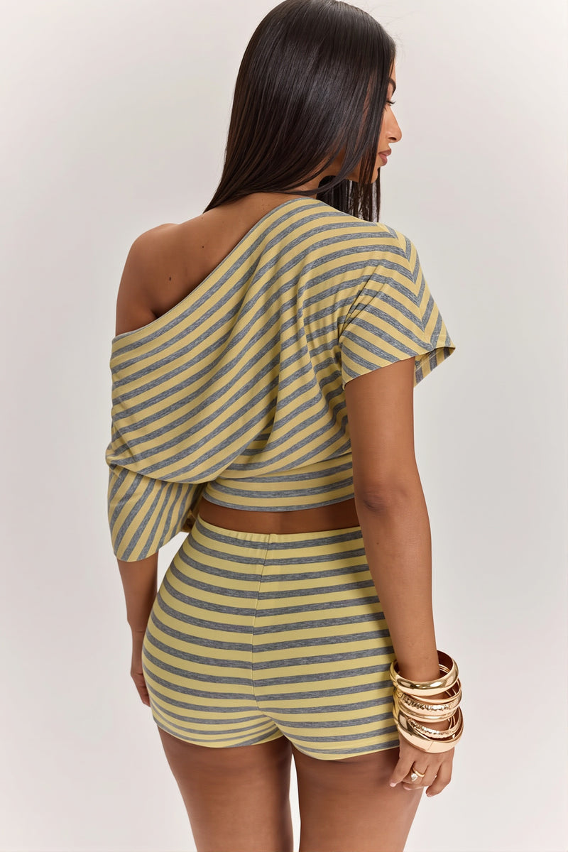 Striped Off Shoulder High Waist Two Piece Set