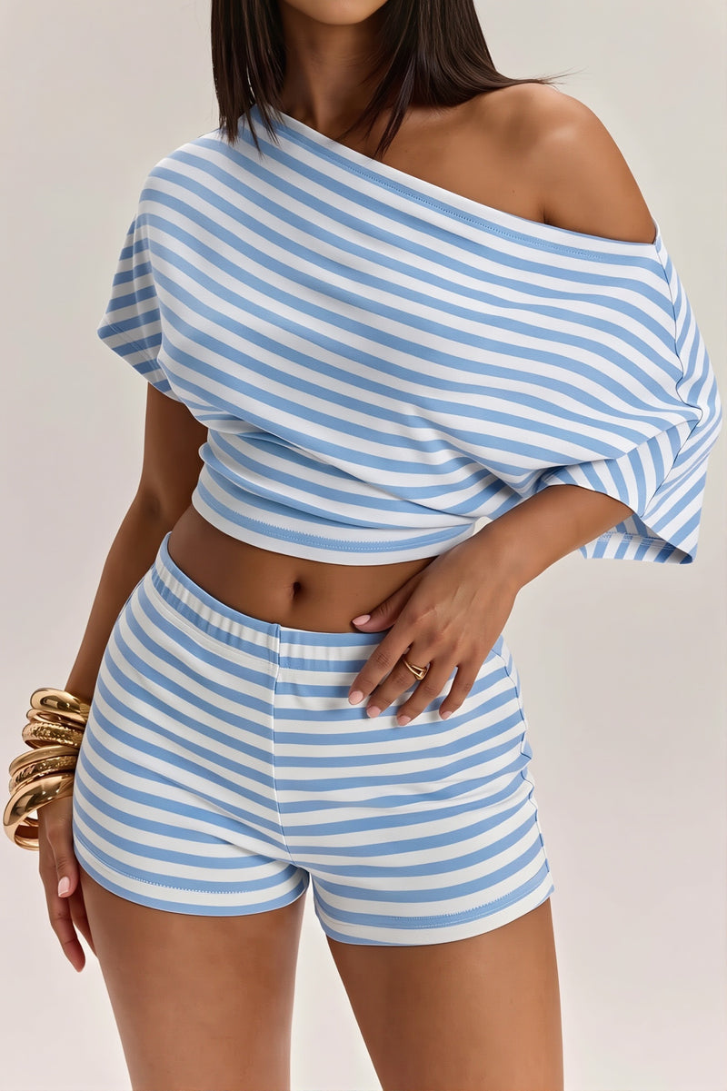 Striped Off Shoulder High Waist Two Piece Set