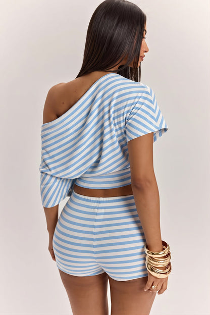 Striped Off Shoulder High Waist Two Piece Set
