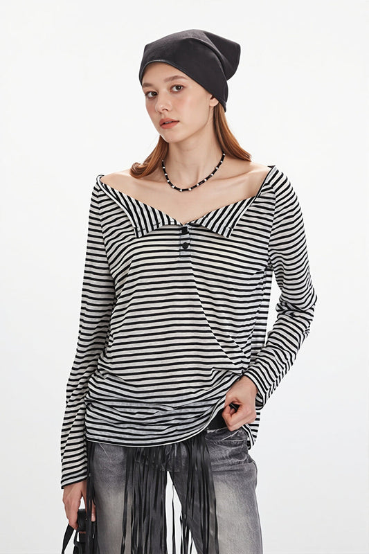 Striped Off Shoulder Long Sleeve T-shirt