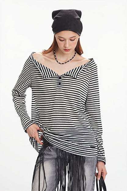 Striped Off Shoulder Long Sleeve T-shirt