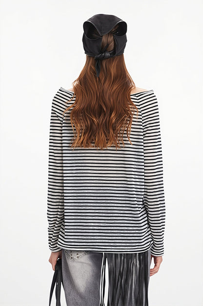 Striped Off Shoulder Long Sleeve T-shirt
