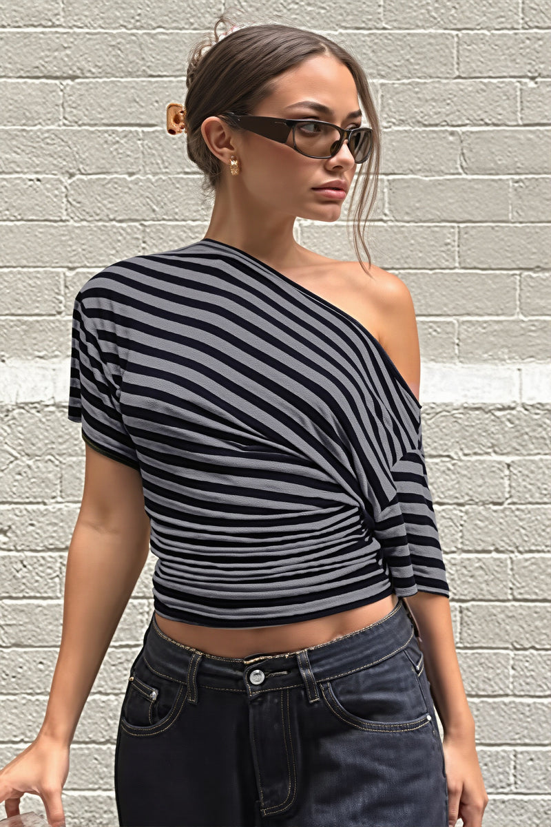 Striped One Shoulder Slim T-shirt
