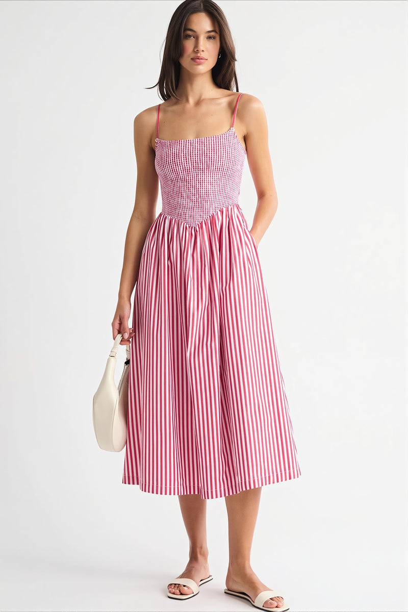Striped Pocket A-Line Printed Midi Dress