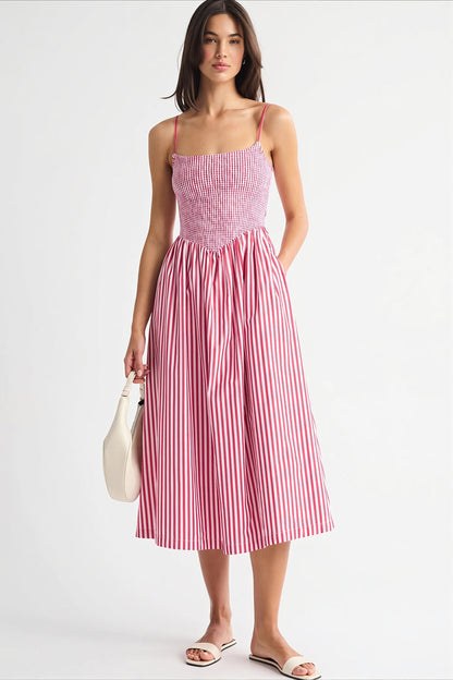 Striped Pocket A-Line Printed Midi Dress