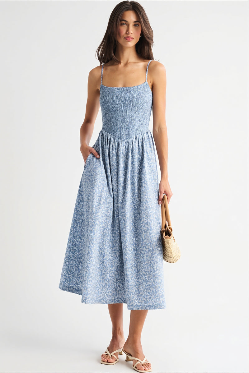 Striped Pocket A-Line Printed Midi Dress