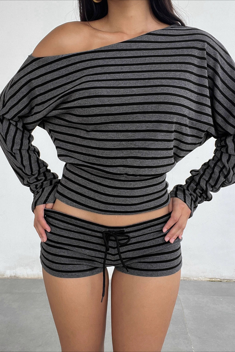 Striped Print Asymmetrical Shoulder Two Piece Set