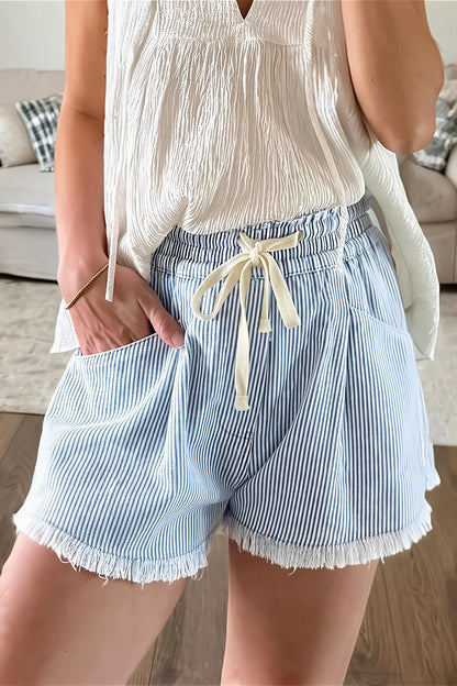 Striped Raw Hem Denim Shorts