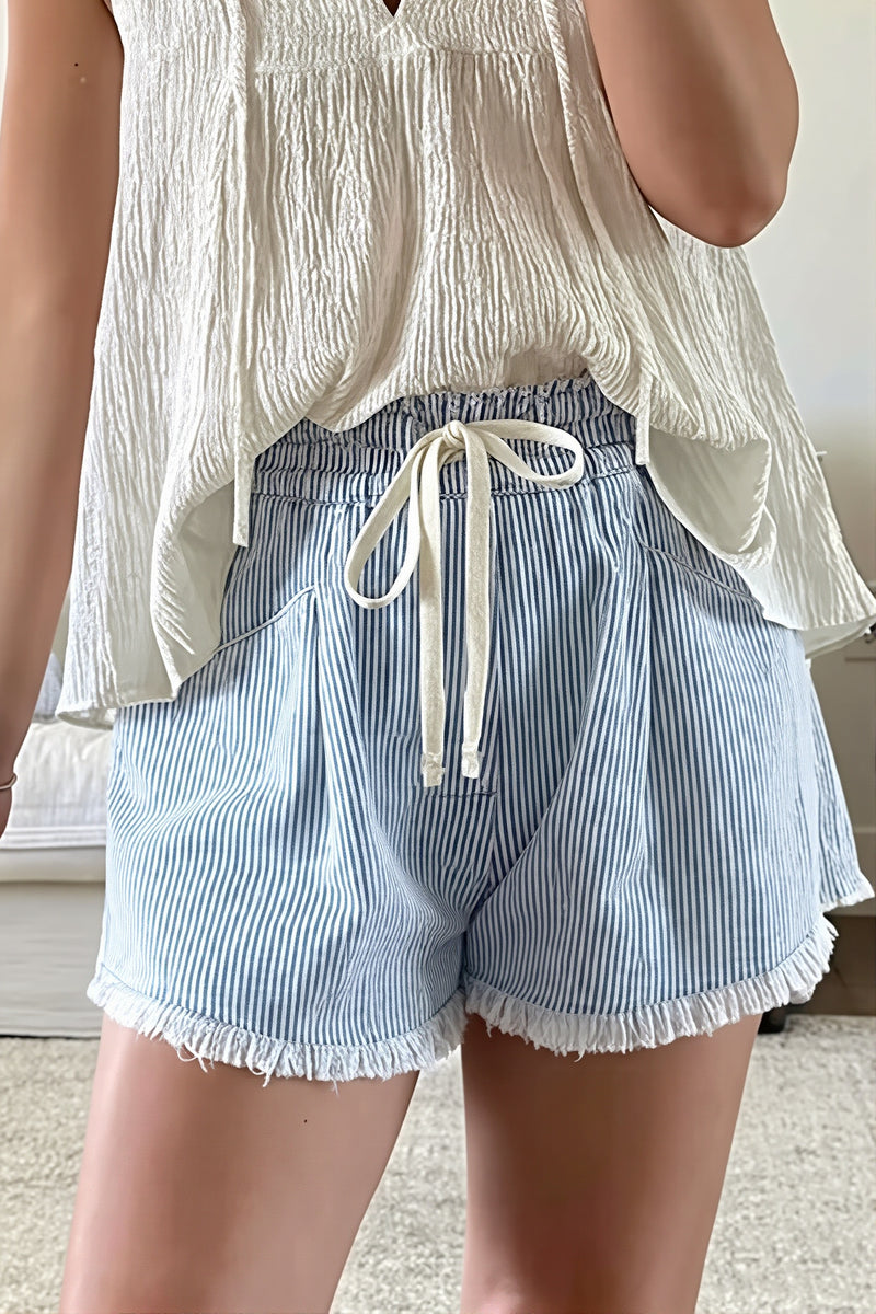 Striped Raw Hem Denim Shorts