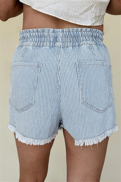 Striped Raw Hem Denim Shorts