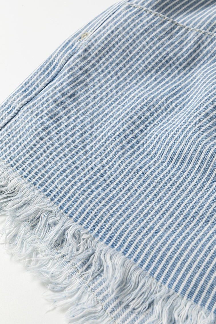 Striped Raw Hem Denim Shorts
